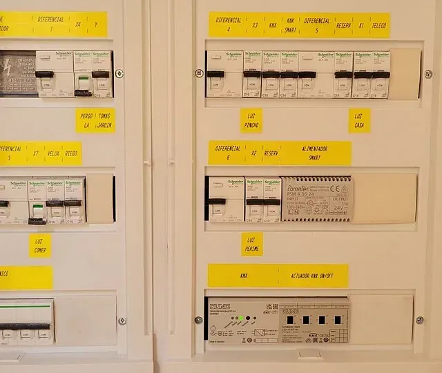Una caja eléctrica blanca con etiquetas amarillas.