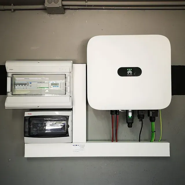 Un inversor blanco está montado en una pared al lado de una caja.