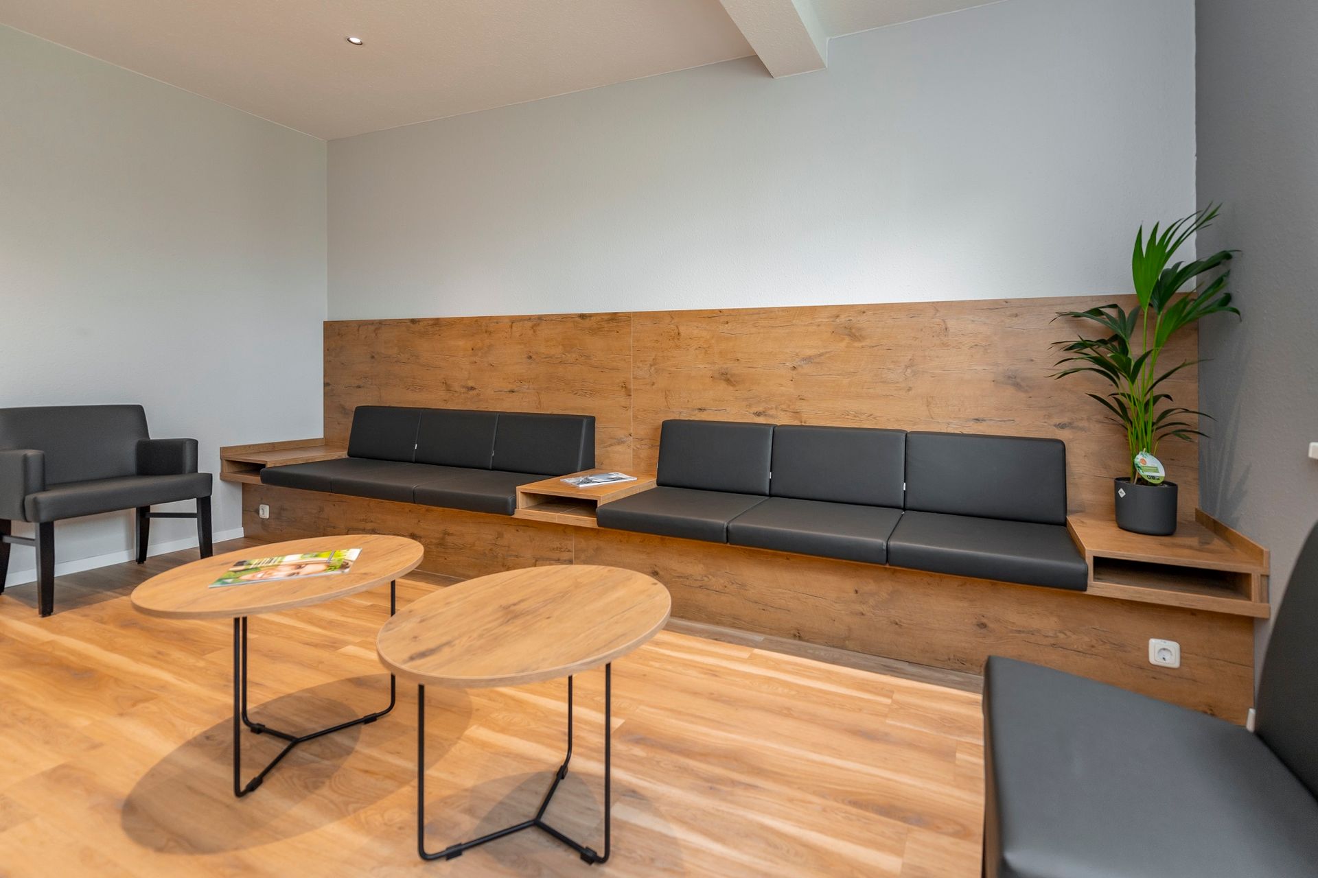 Ein Wartezimmer mit Couch, Stühlen, Tischen und einer Pflanze.