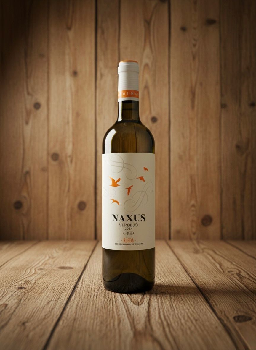 Botella de vino sobre superficie de madera, etiqueta blanca con diseño de pájaro naranja.