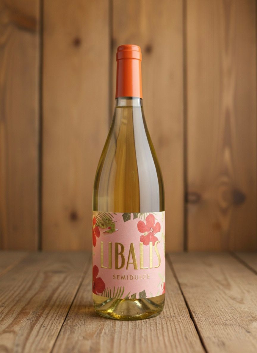 Botella de vino blanco con etiqueta rosa y tapón naranja, sobre un fondo de madera.