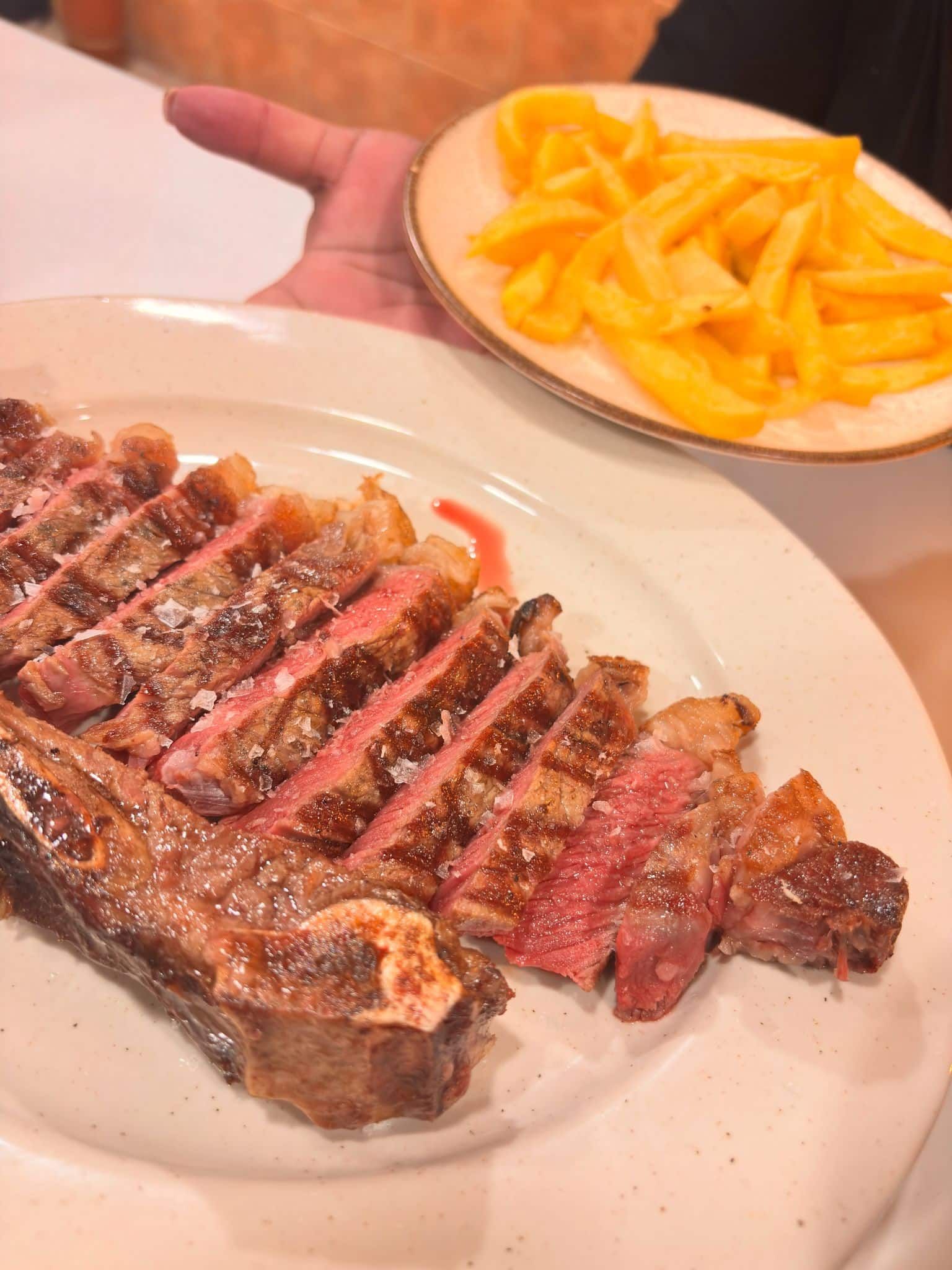 Filete en rodajas con patatas fritas. Una mano sostiene un plato de patatas fritas cerca del plato principal sobre un plato blanco.