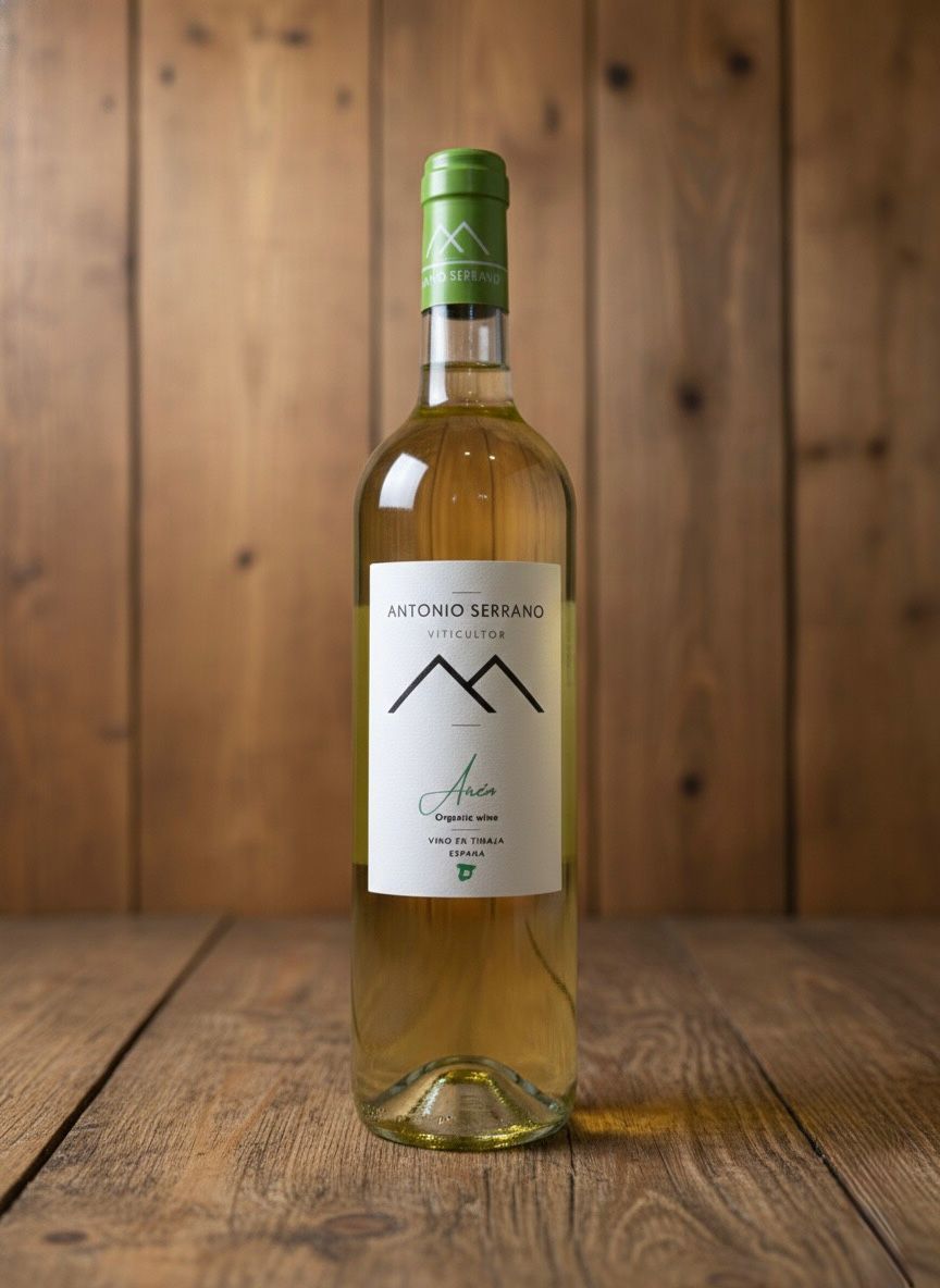 Botella de vino de color claro, con etiqueta y tapón de color verde, sobre un fondo de madera.