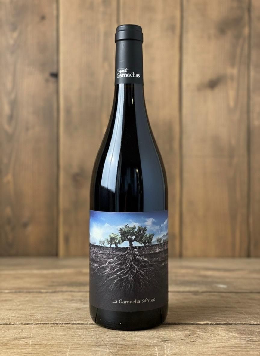 Botella de vino con una etiqueta que muestra árboles y raíces contra un cielo azul, colocada sobre madera.