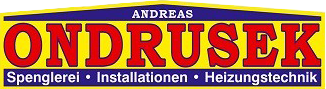 Logo für Andreas Ondrusek: roter Text auf gelbem Grund, oben blaues Banner und darunter Spenglerei, Installationen, Heizungstechnik.