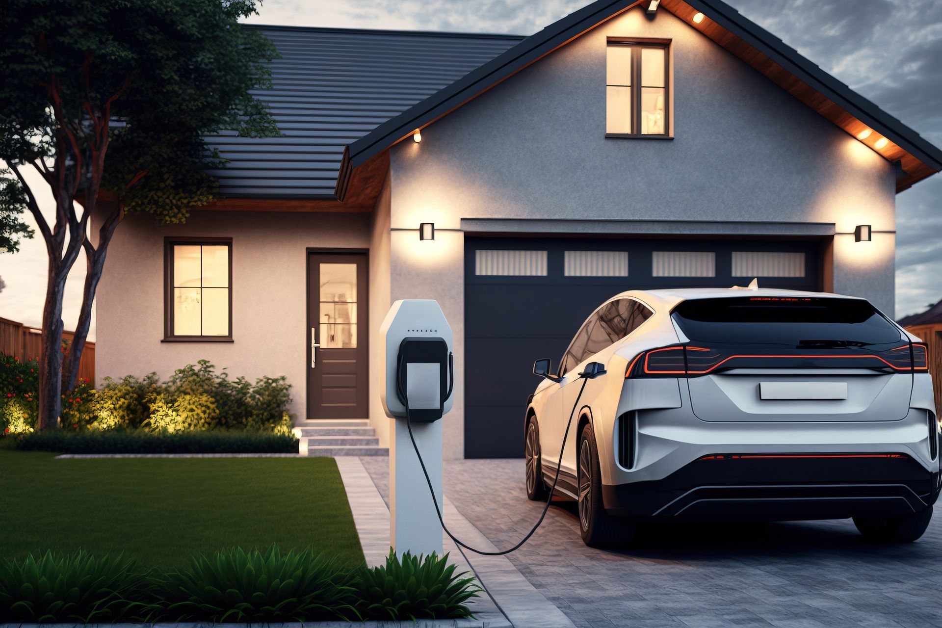 Un SUV électrique en charge dans l'allée d'une maison, devant le garage.