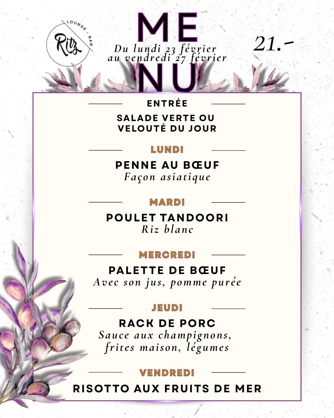 Plats du jour semaine du 06 février Menu de la semaine du lundi 09 février au vendredi 13 février