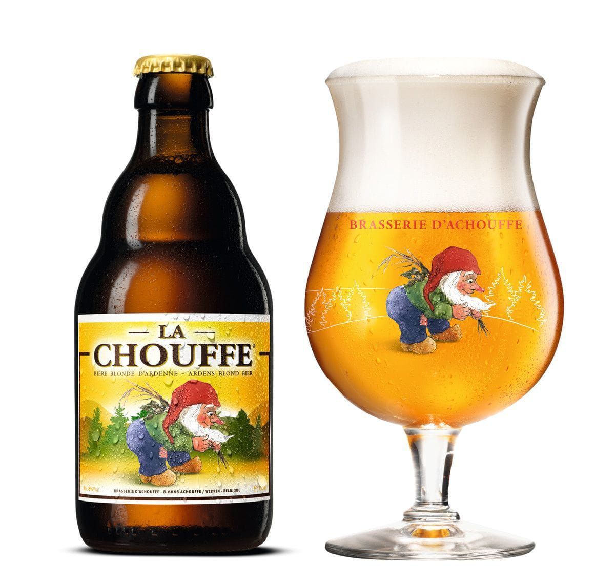 Botella y vaso de cerveza La Chouffe, con el logotipo de un gnomo de dibujos animados.