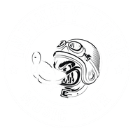 Logotipo de Infinity Rock Music Bar: lobo de dibujos animados con casco de aviador, dentro de un marco circular.