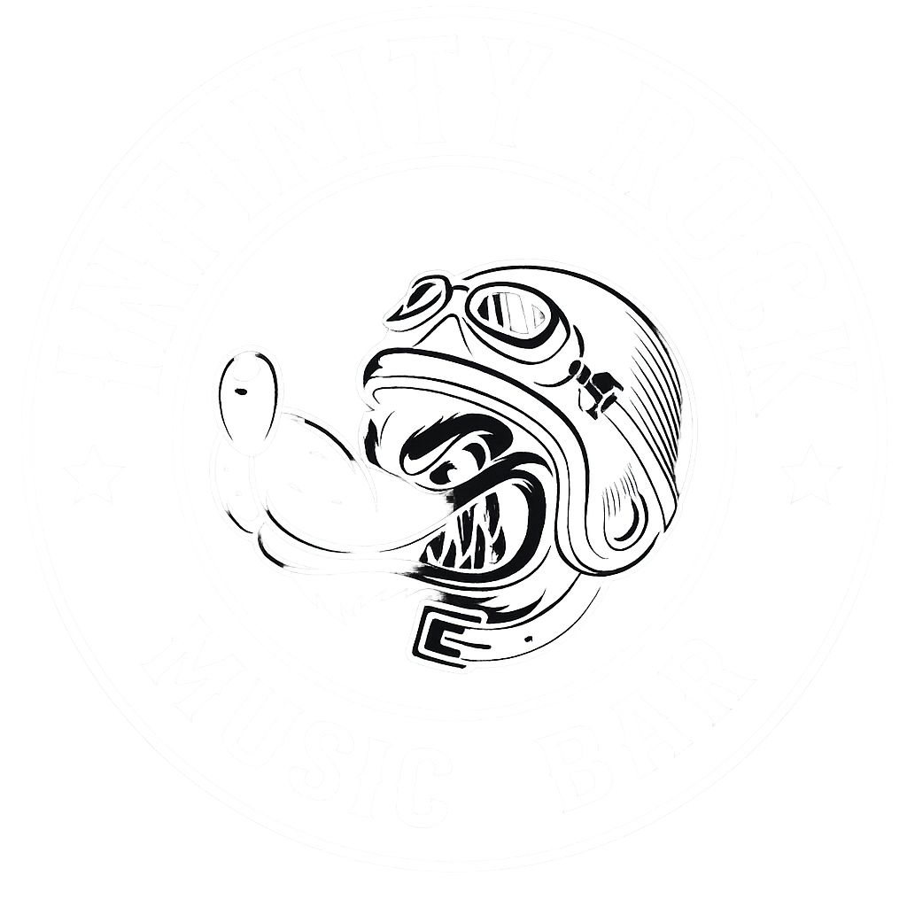 Logotipo de Infinity Rock Music Bar: lobo de dibujos animados con casco de aviador, dentro de un marco circular.