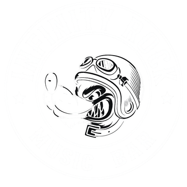 Logotipo de Infinity Rock Music Bar: lobo de dibujos animados con casco de aviador, dentro de un marco circular.