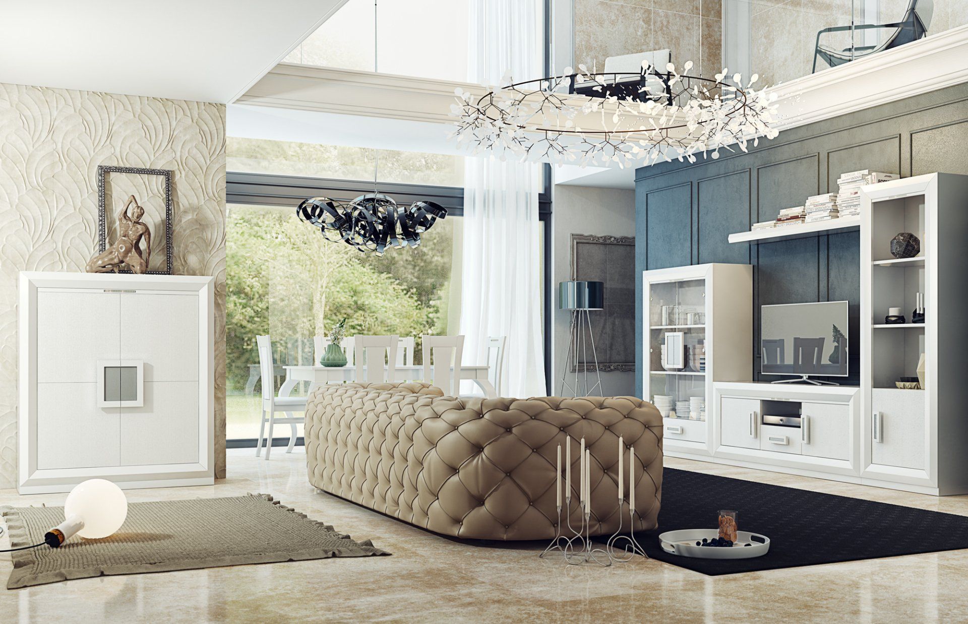 Una sala de estar con un gran sofá y una chimenea.