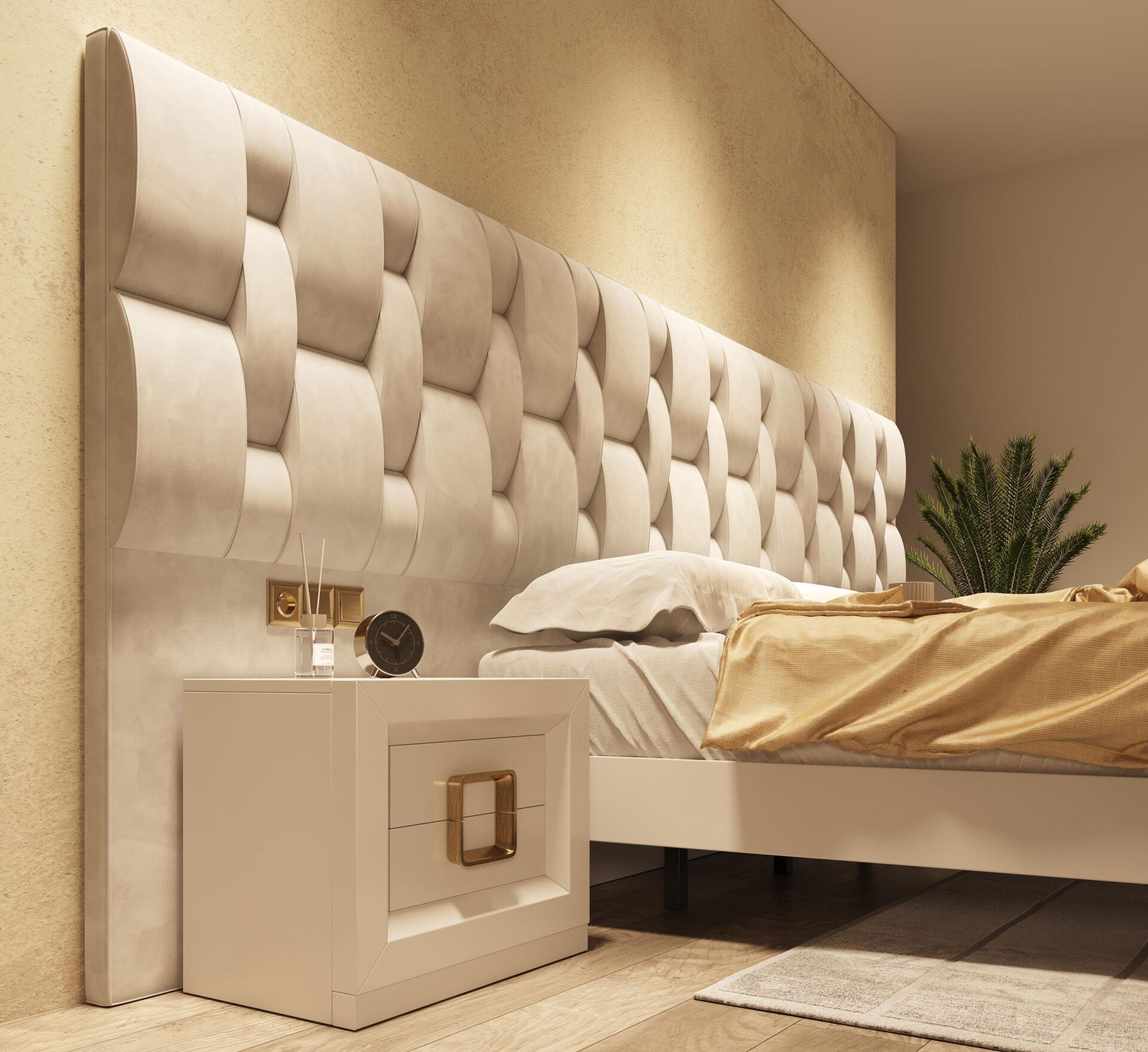 Un dormitorio con una cama, una mesita de noche y una planta.