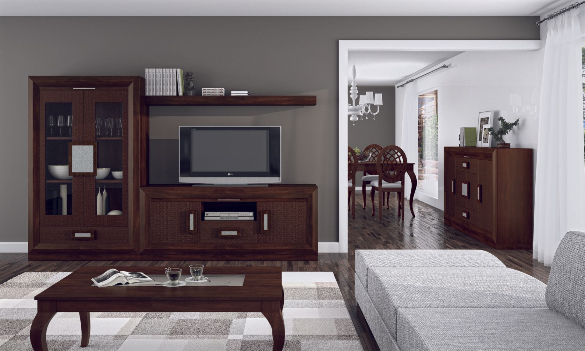 Una sala de estar con un sofá, un televisor y una mesa de café.