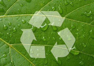 Una hoja verde con gotas de agua y un símbolo de reciclaje.