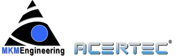 Logo von MKM Engineering und ACERTEC. Das Logo besteht aus einem schwarzen Dreieck mit einem blauen Kreis darin, gefolgt vom Namen.