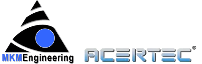 Logo von MKM Engineering und ACERTEC mit einem schwarzen dreieckigen Auge und einem blauen Kreis.