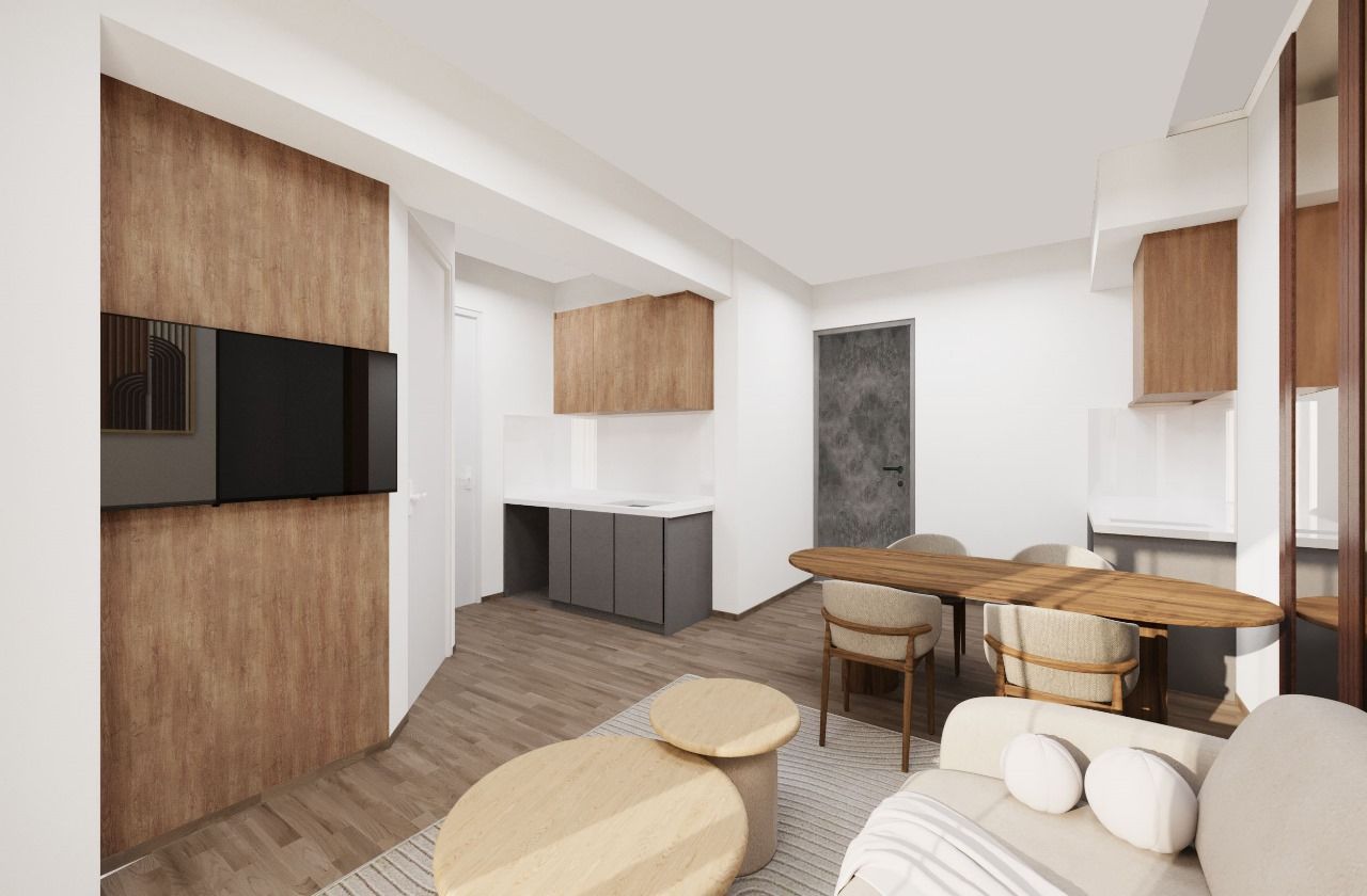 A living room with a couch , table , chairs and a flat screen tv.