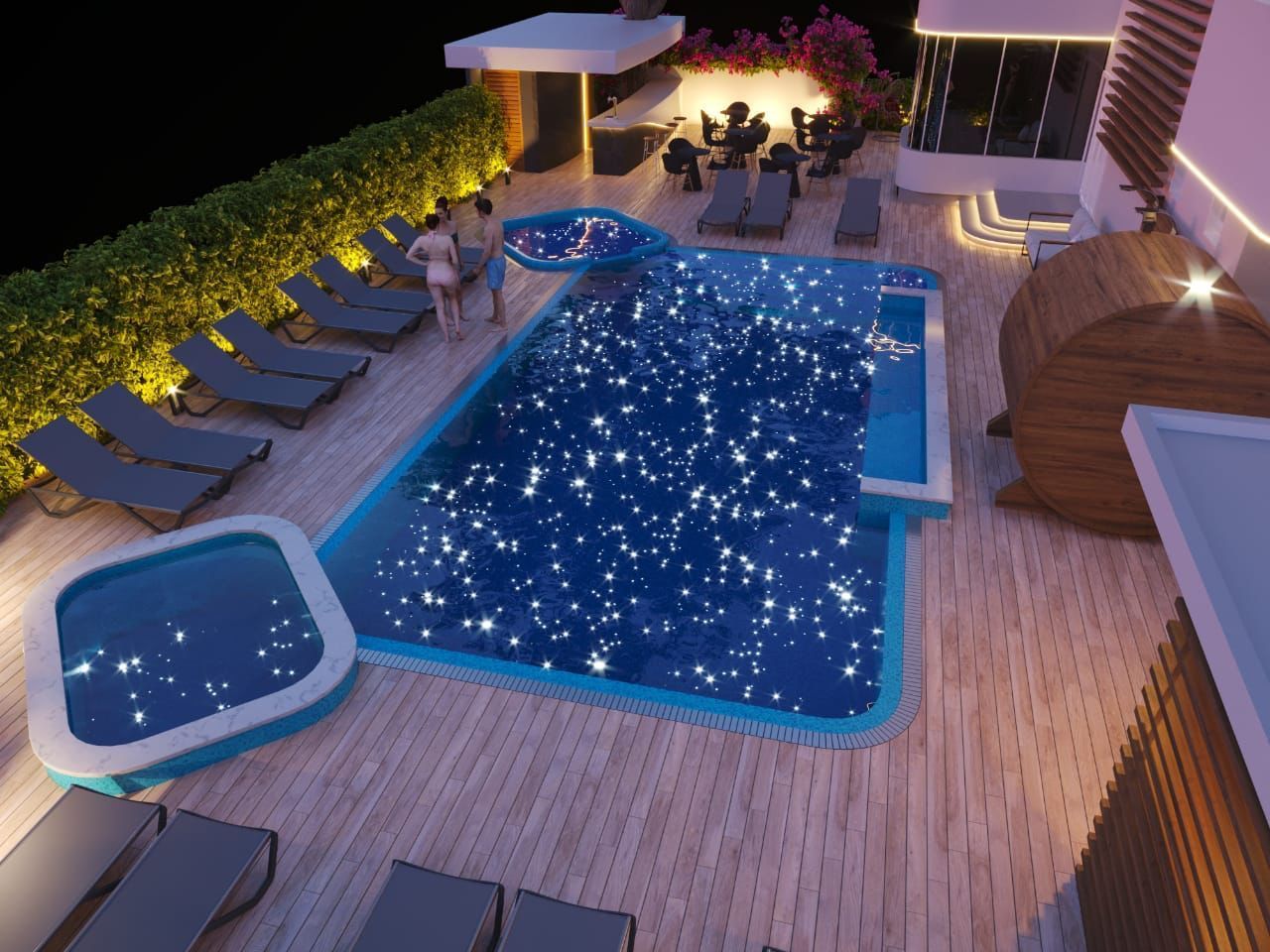 An artist 's impression of a swimming pool at night