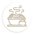 A line drawing of a bowl of food with steam coming out of it.