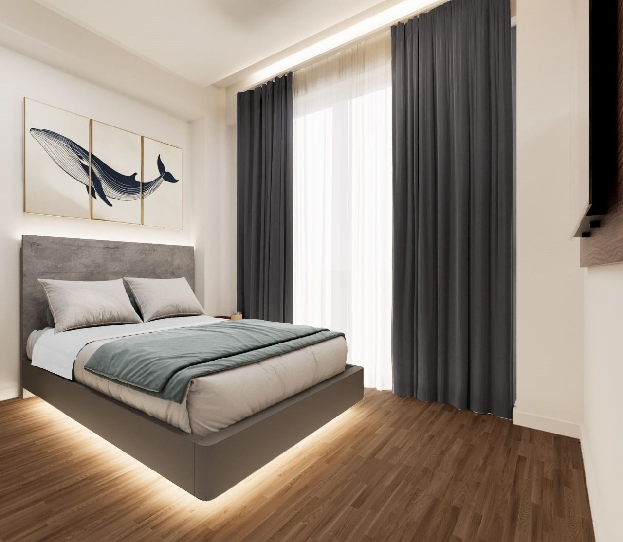 A bedroom with a bed and a painting of a whale on the wall.
