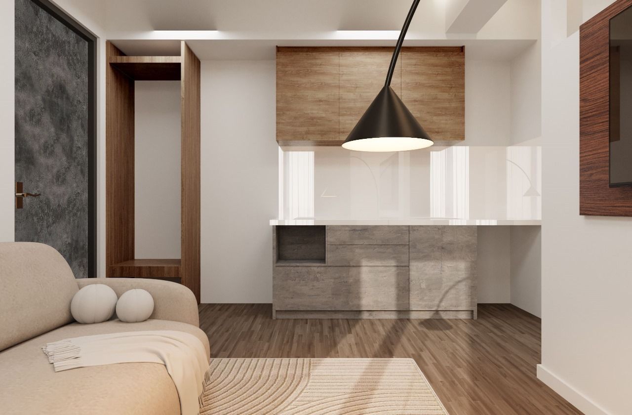A living room with a couch and a lamp
