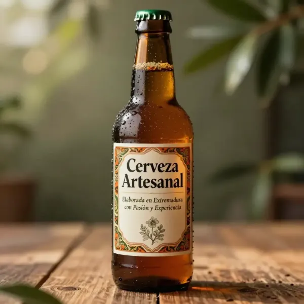 Botella de cerveza artesanal marrón con la etiqueta “Cerveza Artesanal” sobre una mesa de madera.