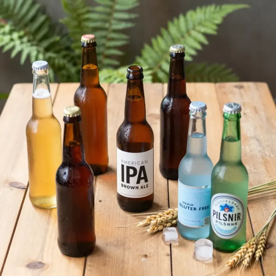 Varias botellas de cerveza sobre una mesa de madera con helechos al fondo.