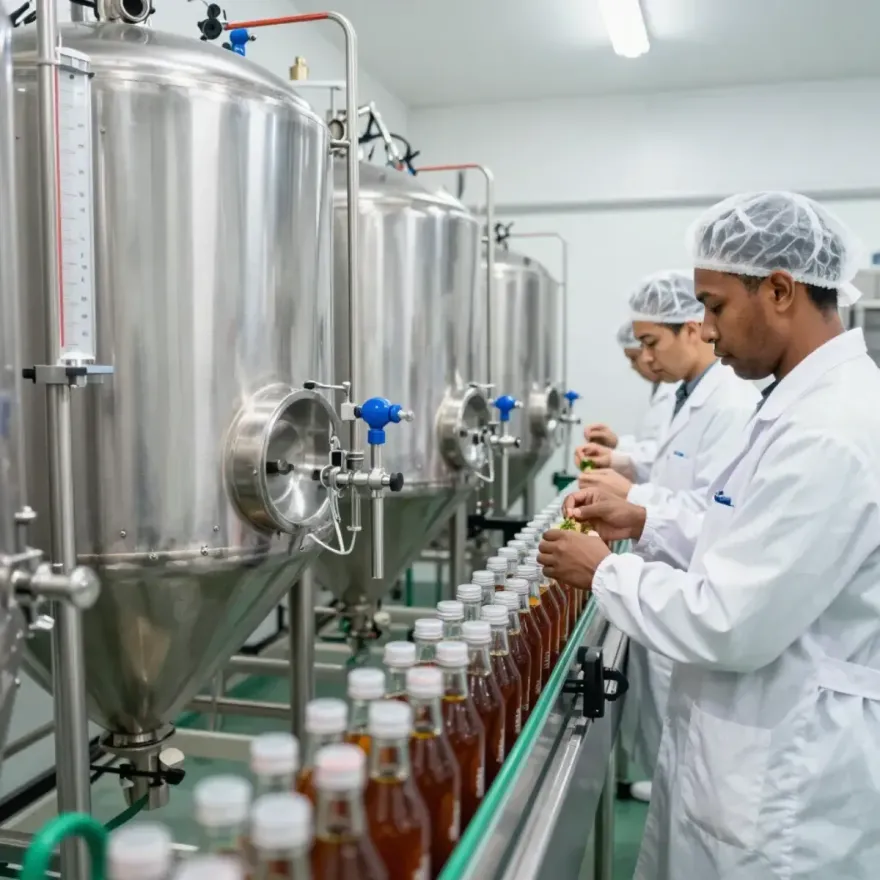 Obreros con batas blancas inspeccionan botellas en una línea de embotellado de una fábrica, junto a grandes tanque.
