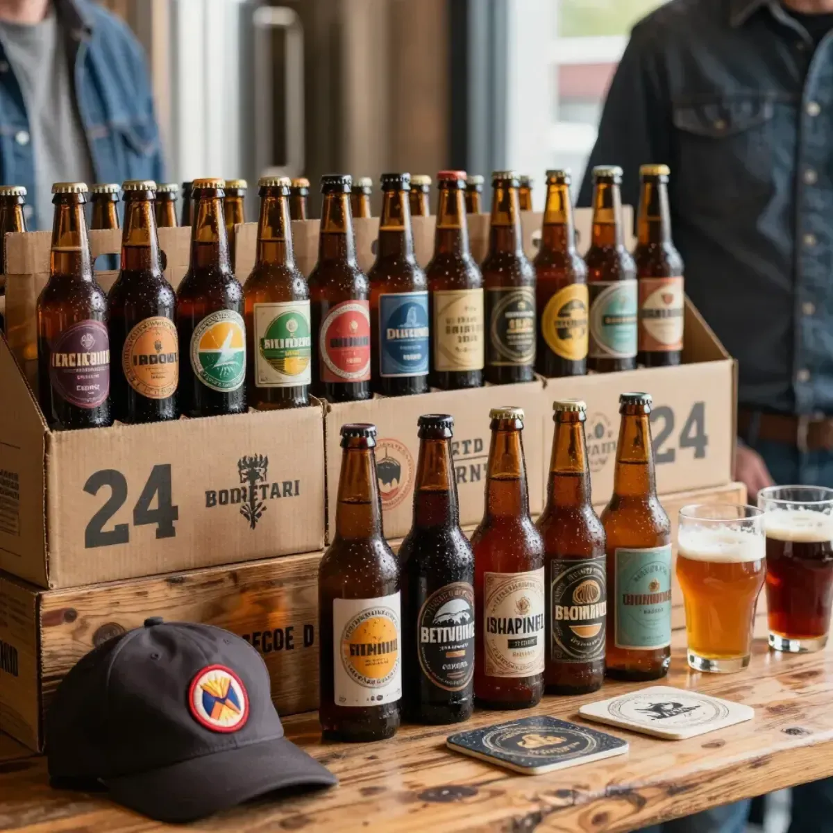 Exhibición de cerveza artesanal con dos vasos llenos, botellas de marca, cajas de cartón y una tapa negra.