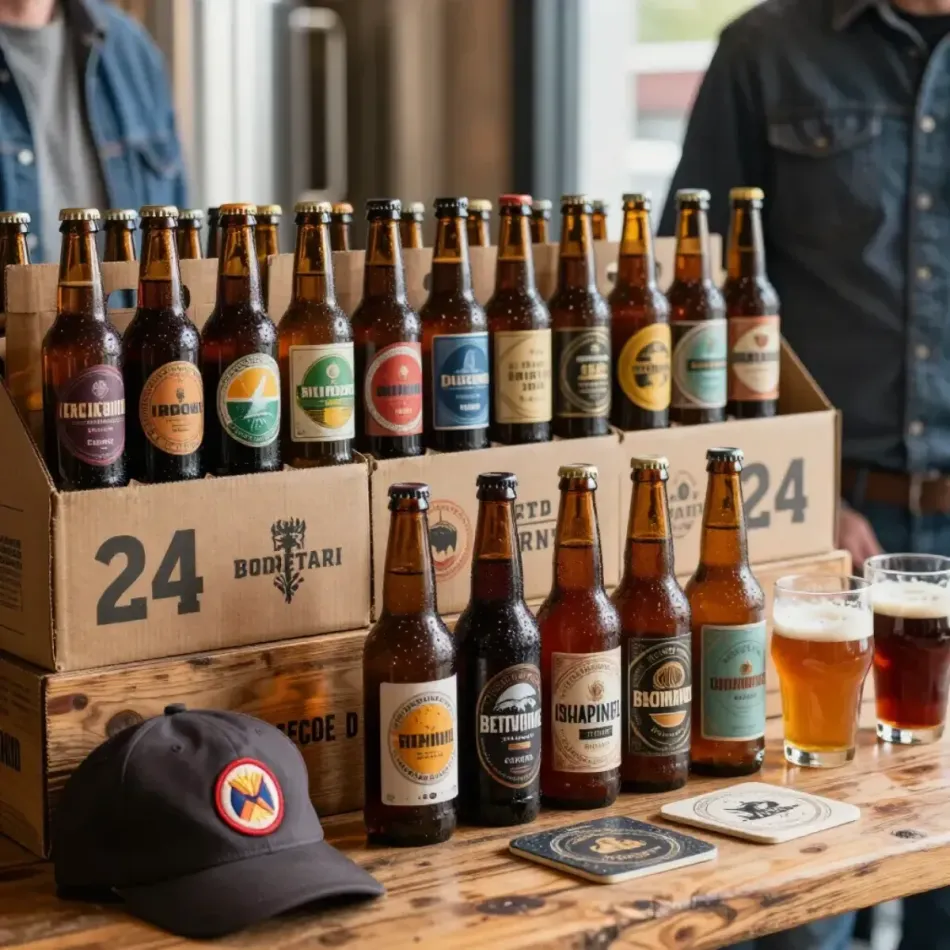 Exhibición de cerveza artesanal con dos vasos llenos, botellas de marca, cajas de cartón y una tapa negra.