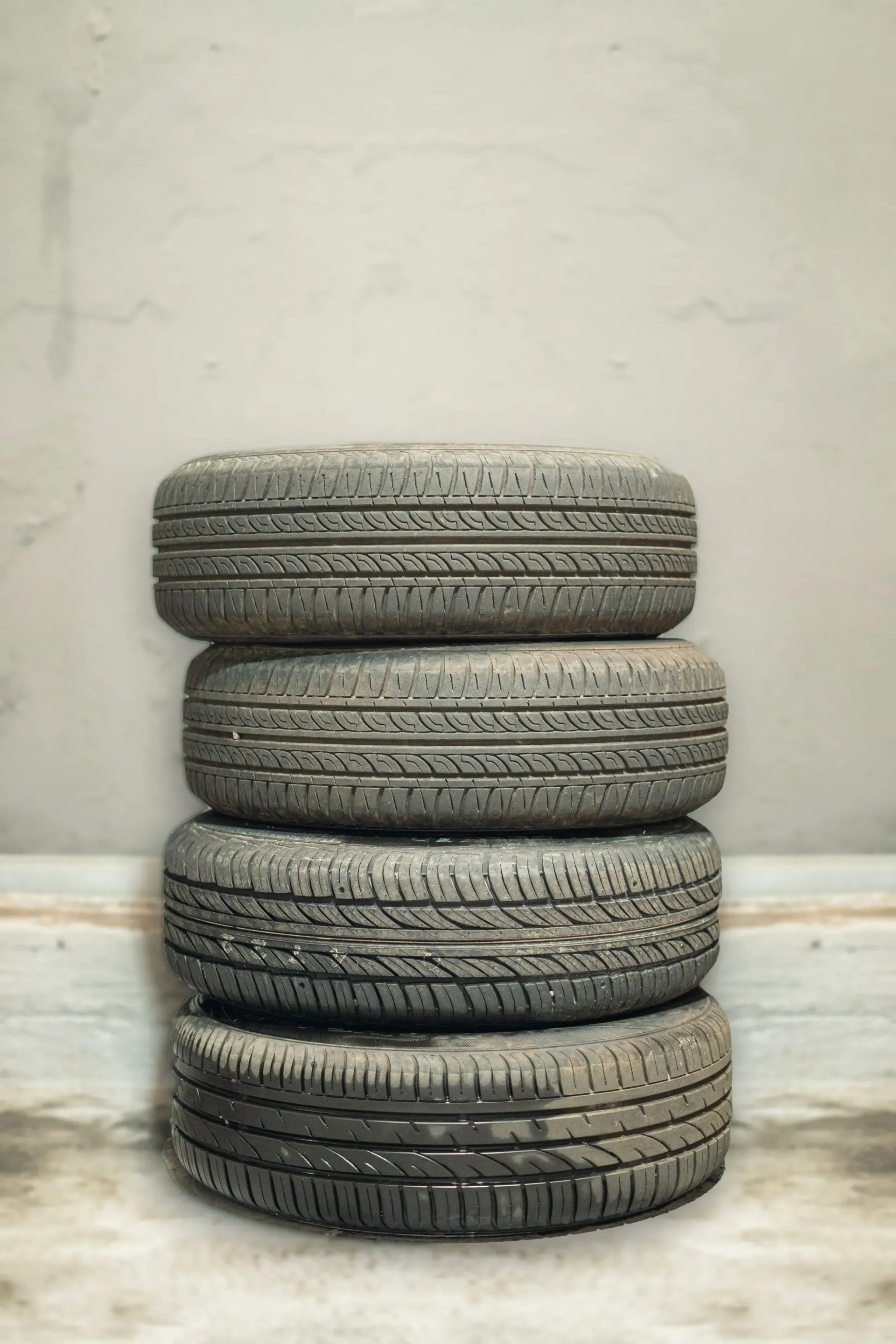 Cuatro neumáticos usados ​​apilados verticalmente contra una pared gris.