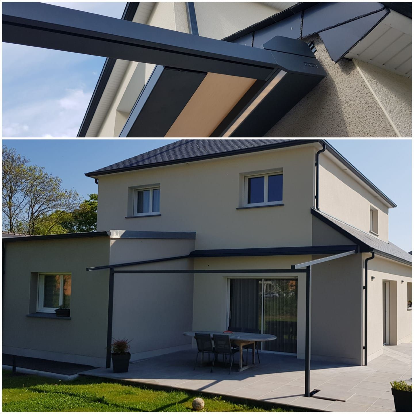 Image en deux parties montrant une pergola grise moderne installée sur le côté d'une maison à deux étages de couleur claire.