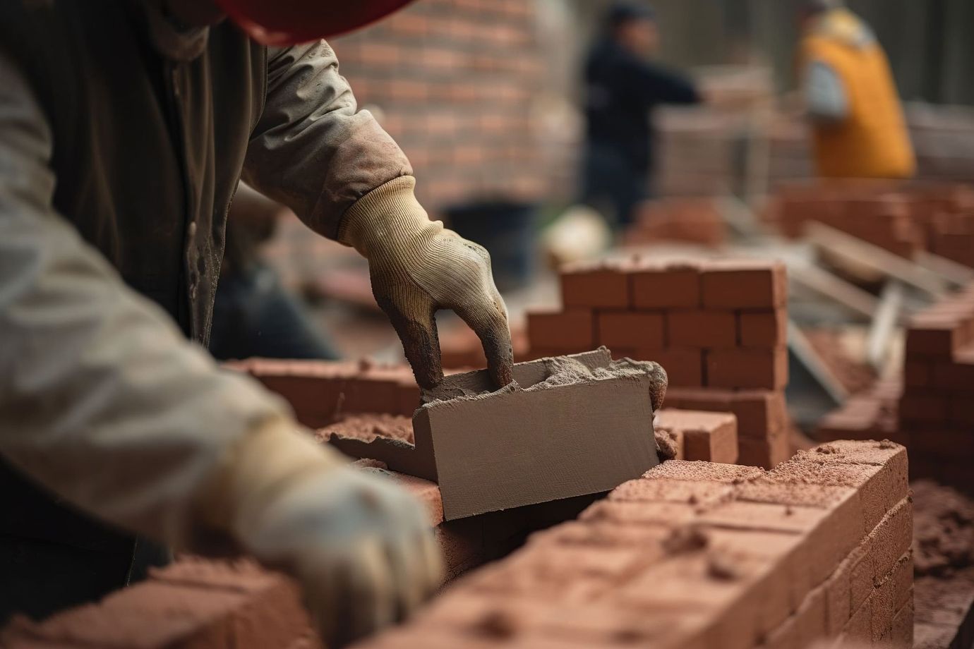 Obrero de la construcción colocando ladrillos, con guantes y casco.