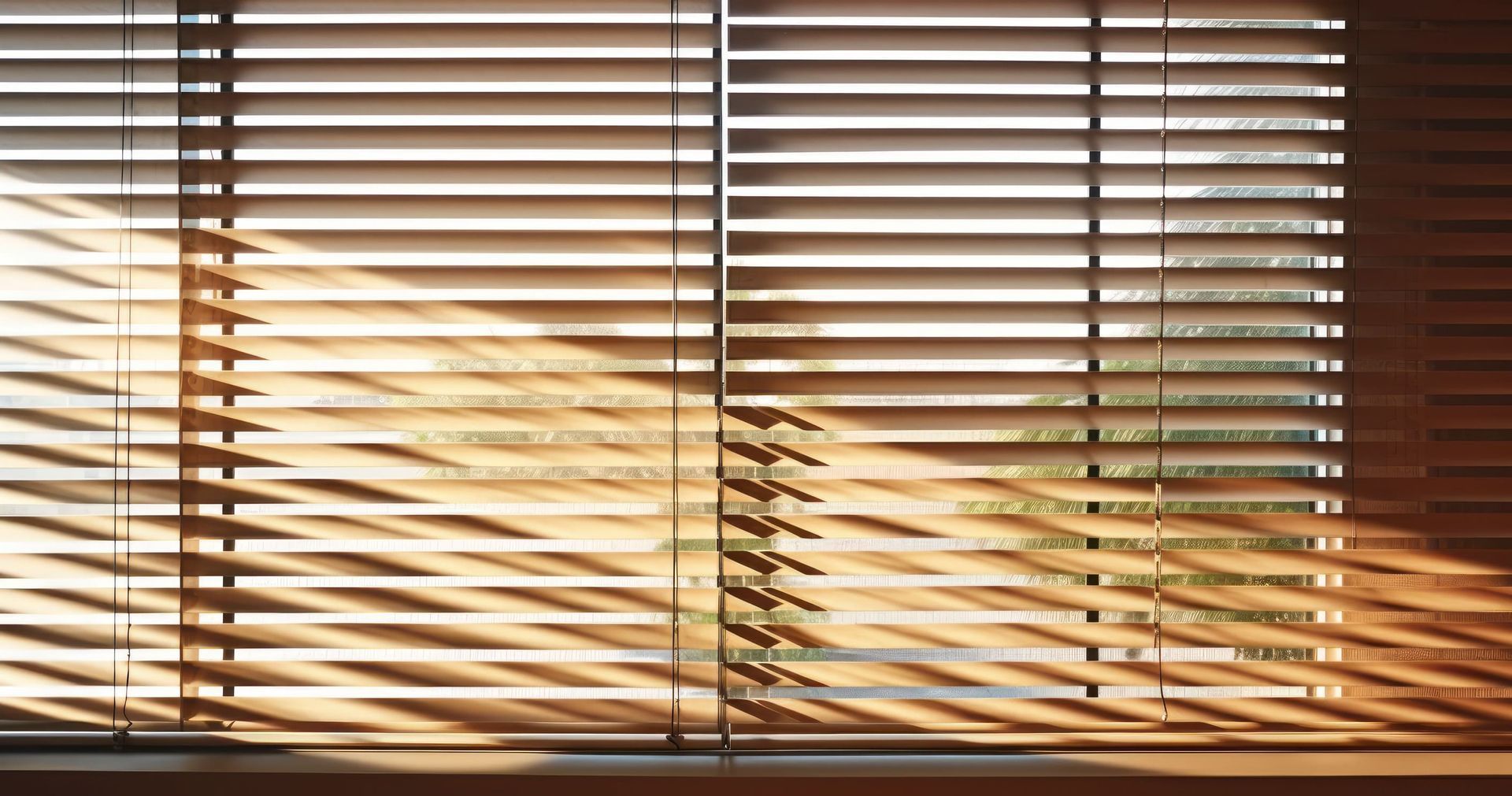 La luz del sol entra a través de las persianas de madera, creando sombras en el alféizar de la ventana.