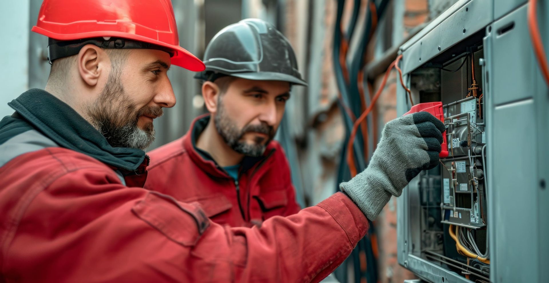 Dos electricistas con ropa de trabajo roja examinando el panel eléctrico.