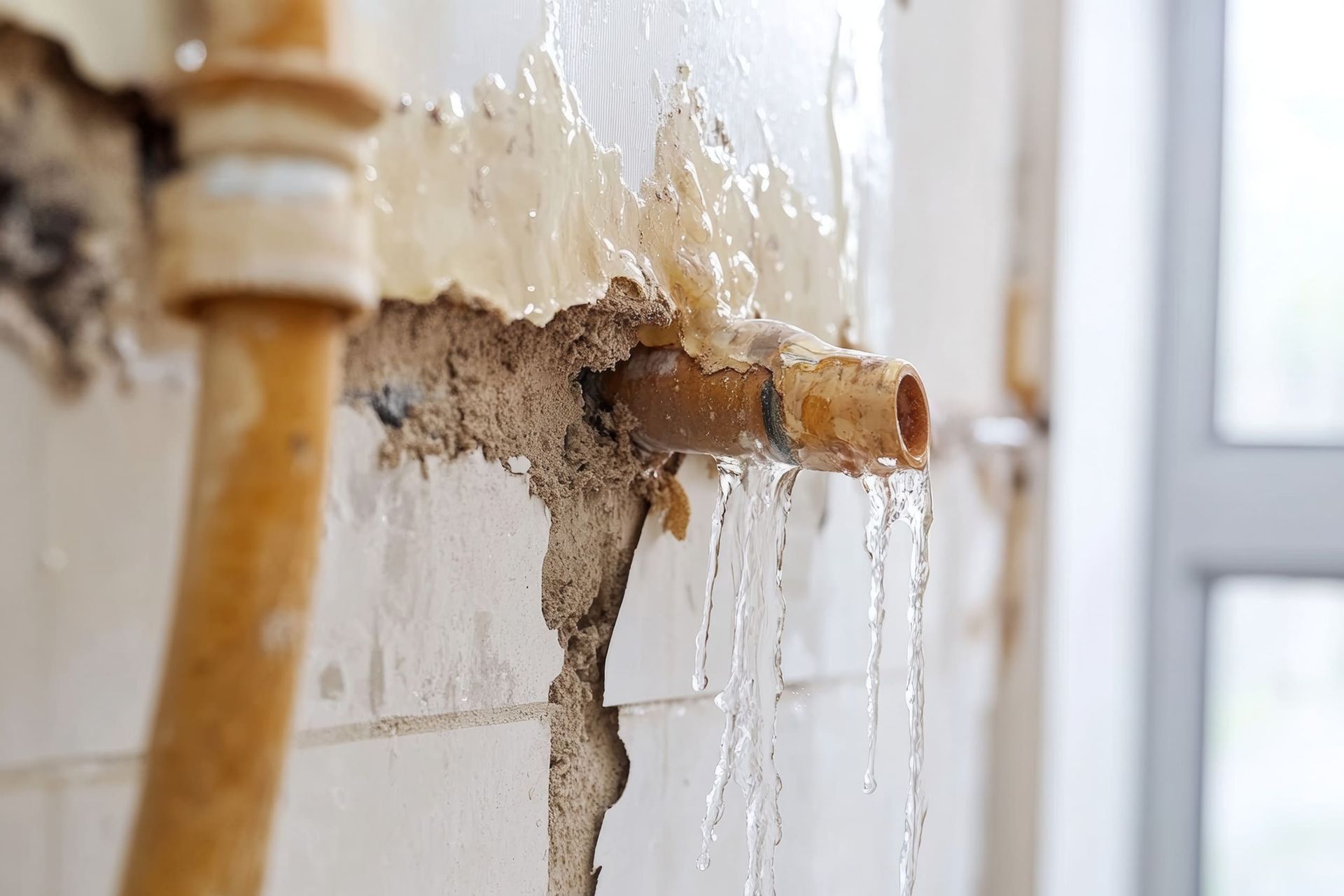 Tubería con fugas en una pared dañada, con agua saliendo a borbotones. Tubería marrón, pared blanca/beige, luz natural.