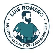 Logotipo de Luis Romero: un hombre barbudo con camisa azul y herramientas en el cinturón, rodeado por el texto 