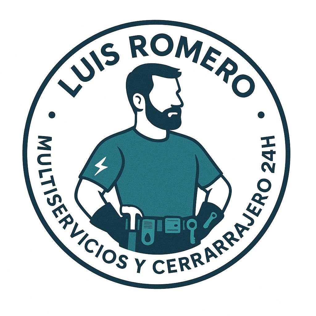 Logotipo de Luis Romero: un hombre barbudo con camisa azul y herramientas en el cinturón, rodeado por el texto "Multiservicios y cerrajero 24h".