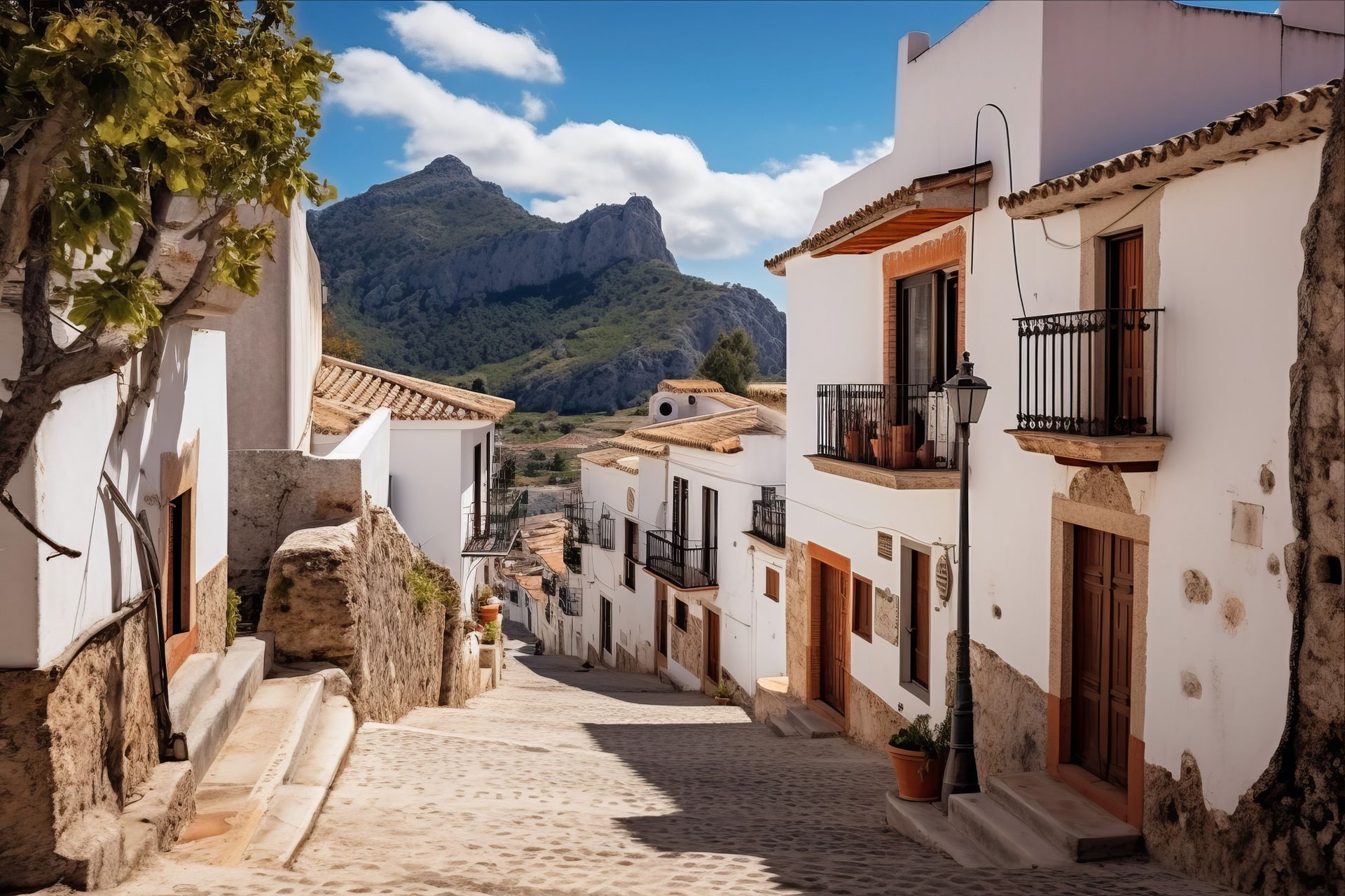 Calle adoquinada bordeada de edificios blancos, con montañas como telón de fondo.