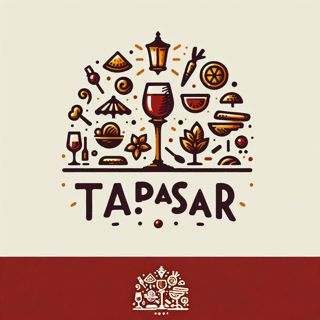 Logotipo de Tapasar: una copa de vino rodeada de iconos de comida en forma circular. Combinación de colores rojo y marrón.