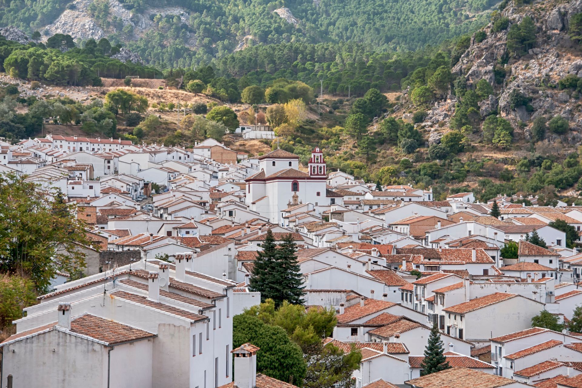 Pueblo encalado con tejados de terracota situado en un verde paisaje montañoso.