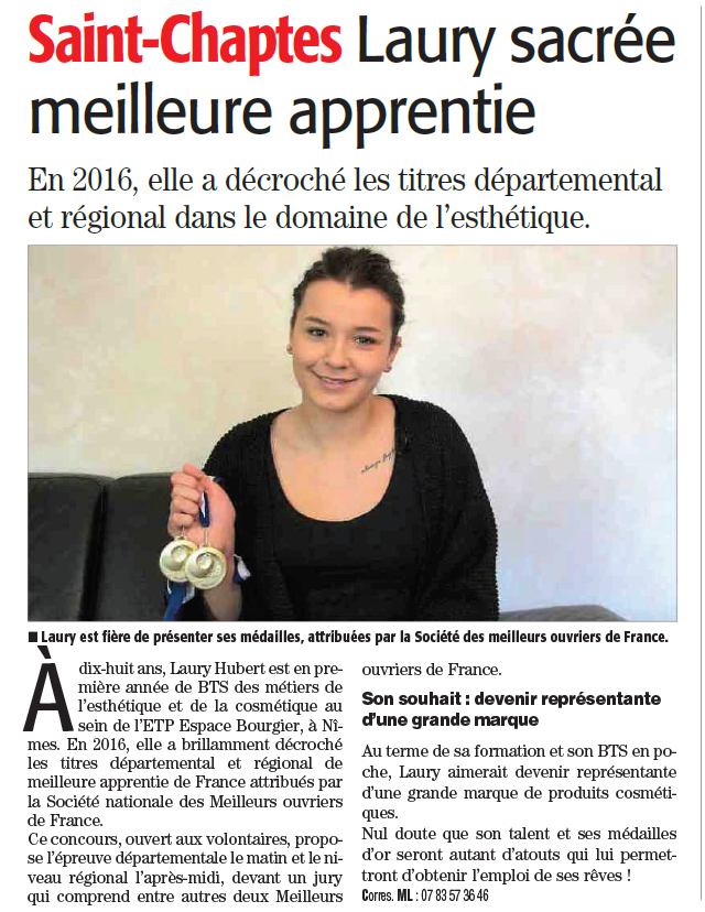 Article de journal montrant Laury Sacred, souriante et tenant des médailles, avec un titre sur l'excellence régionale à Saint-Chaptes