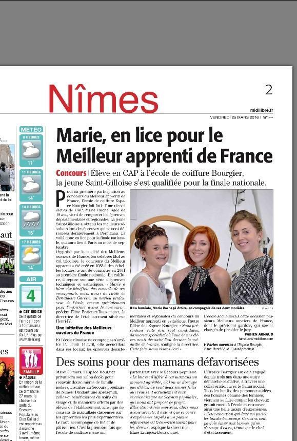 Une du journal de Nîmes titrant sur Marie dans la bataille pour le titre français et une photo de trois femmes