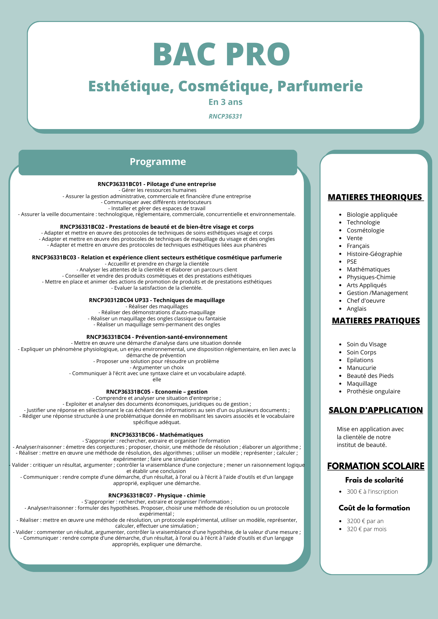 Couverture de brochure BAC PRO en turquoise et blanc pour l'esthétique, les cosmétiques et la parfumerie.