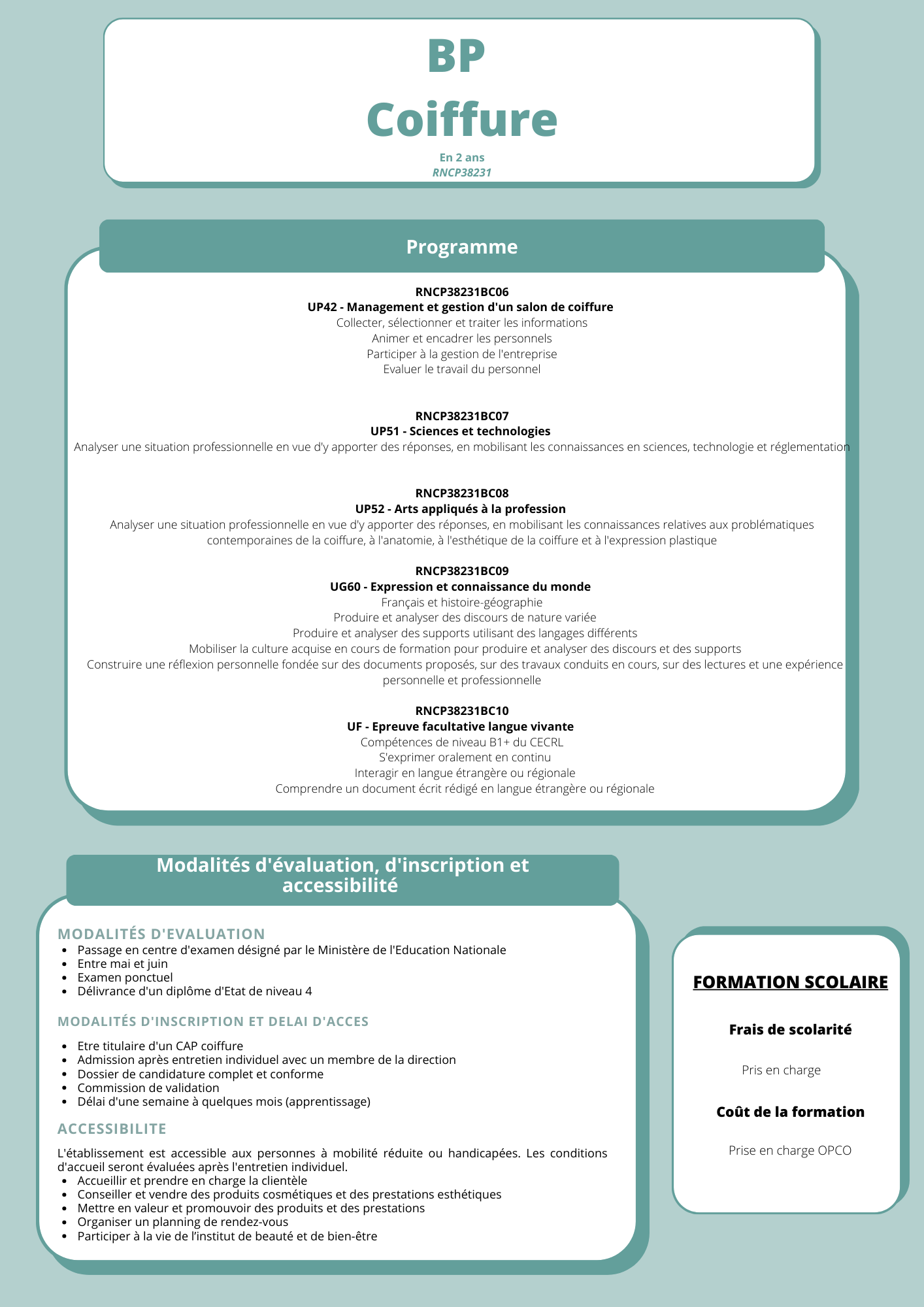 Dépliant BP Coiffure avec les tarifs et les coordonnées sur une mise en page turquoise et blanche