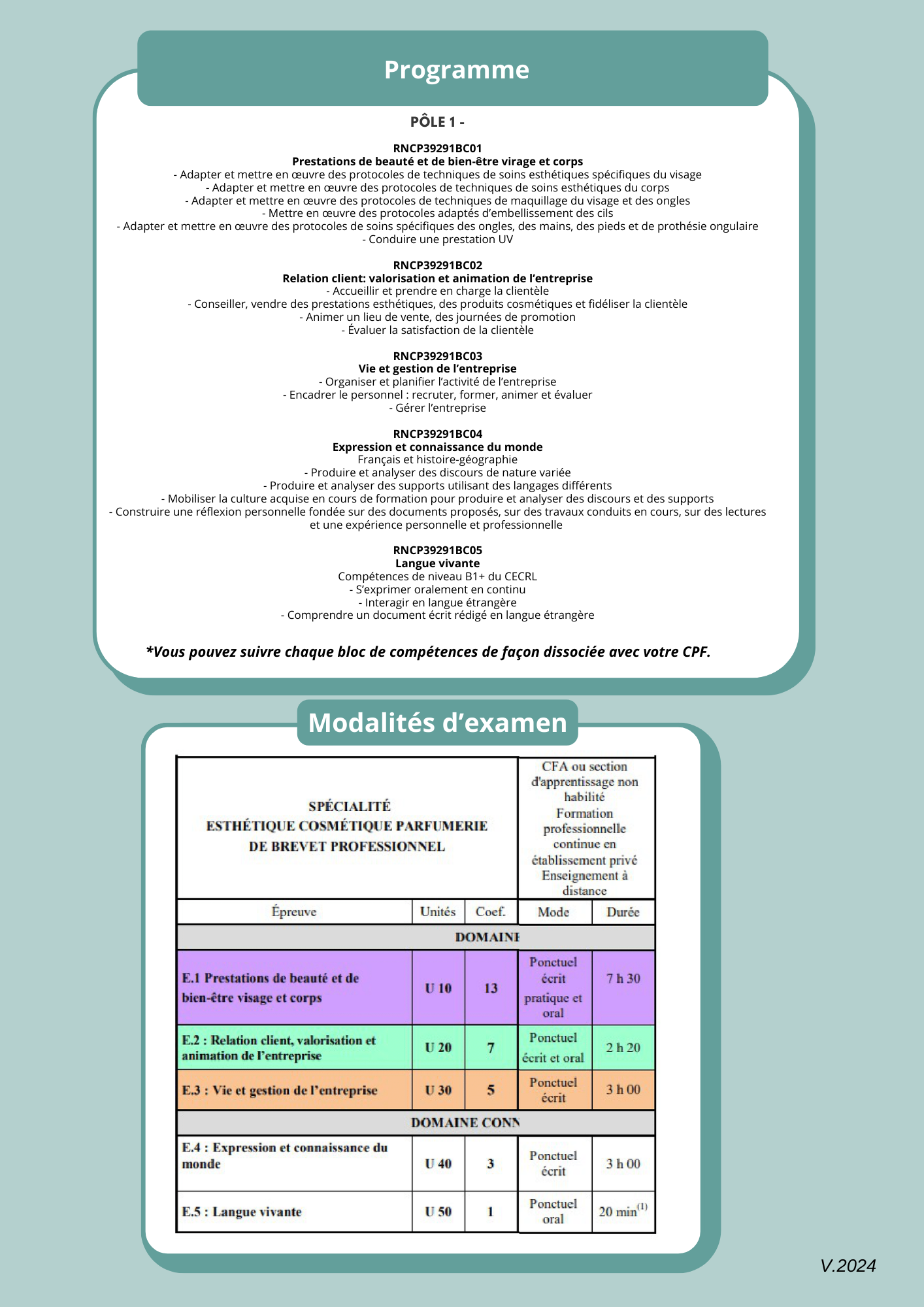 Affiche avec en-tête turquoise et tableau multicolore des horaires et des détails du programme
