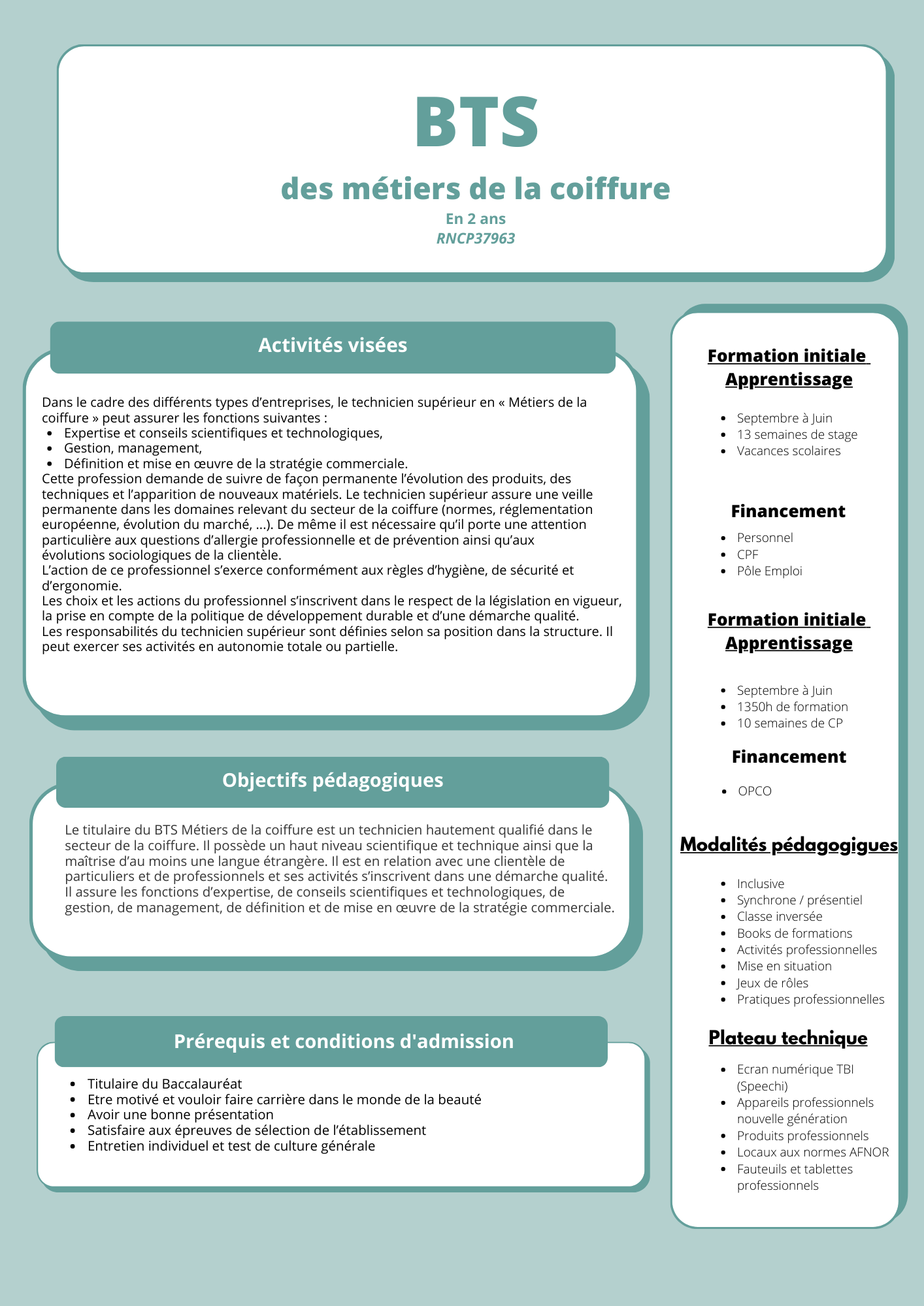Affiche BTS Métiers de la coiffure, mise en page turquoise et blanche avec sections d’information et encadrés.