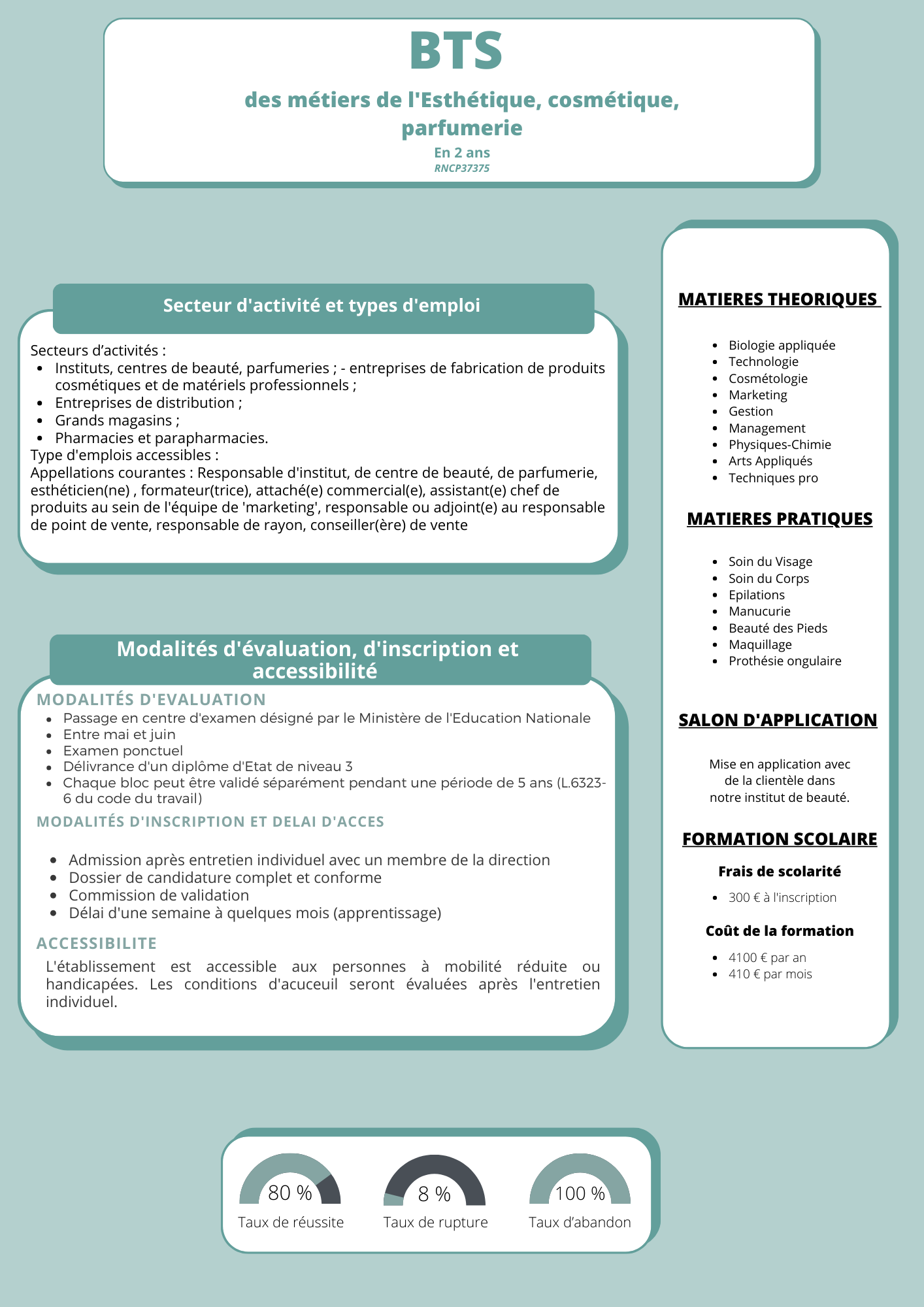 Affiche de CV turquoise BTS avec zones de texte, puces et trois icônes de jauge en bas