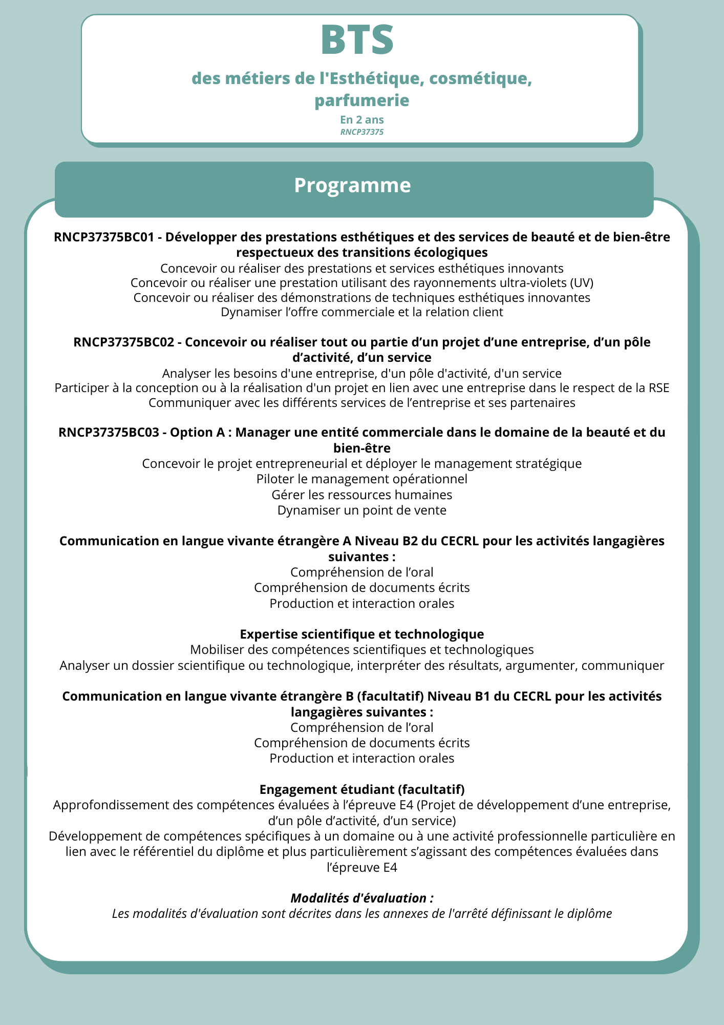 Affiche du programme BTS avec un titre turquoise et du texte blanc sur un panneau blanc arrondi.